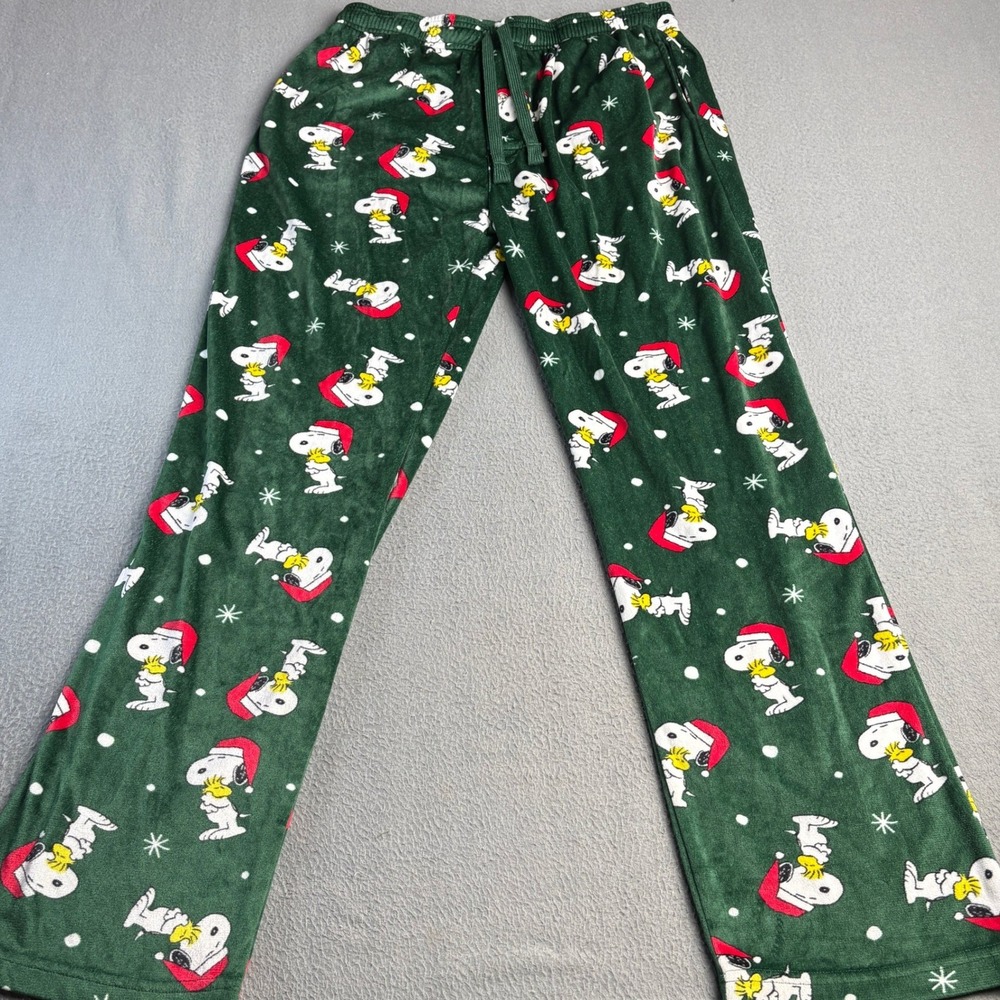 Peanuts Snoopy Woodstock Christmas Pajama Pants Green Fleece Large 22080